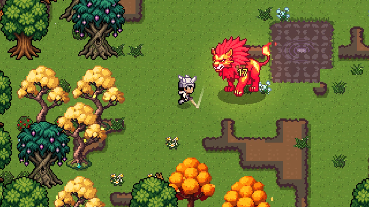In game: a player in star armour fighting the Flame Lion in the woods